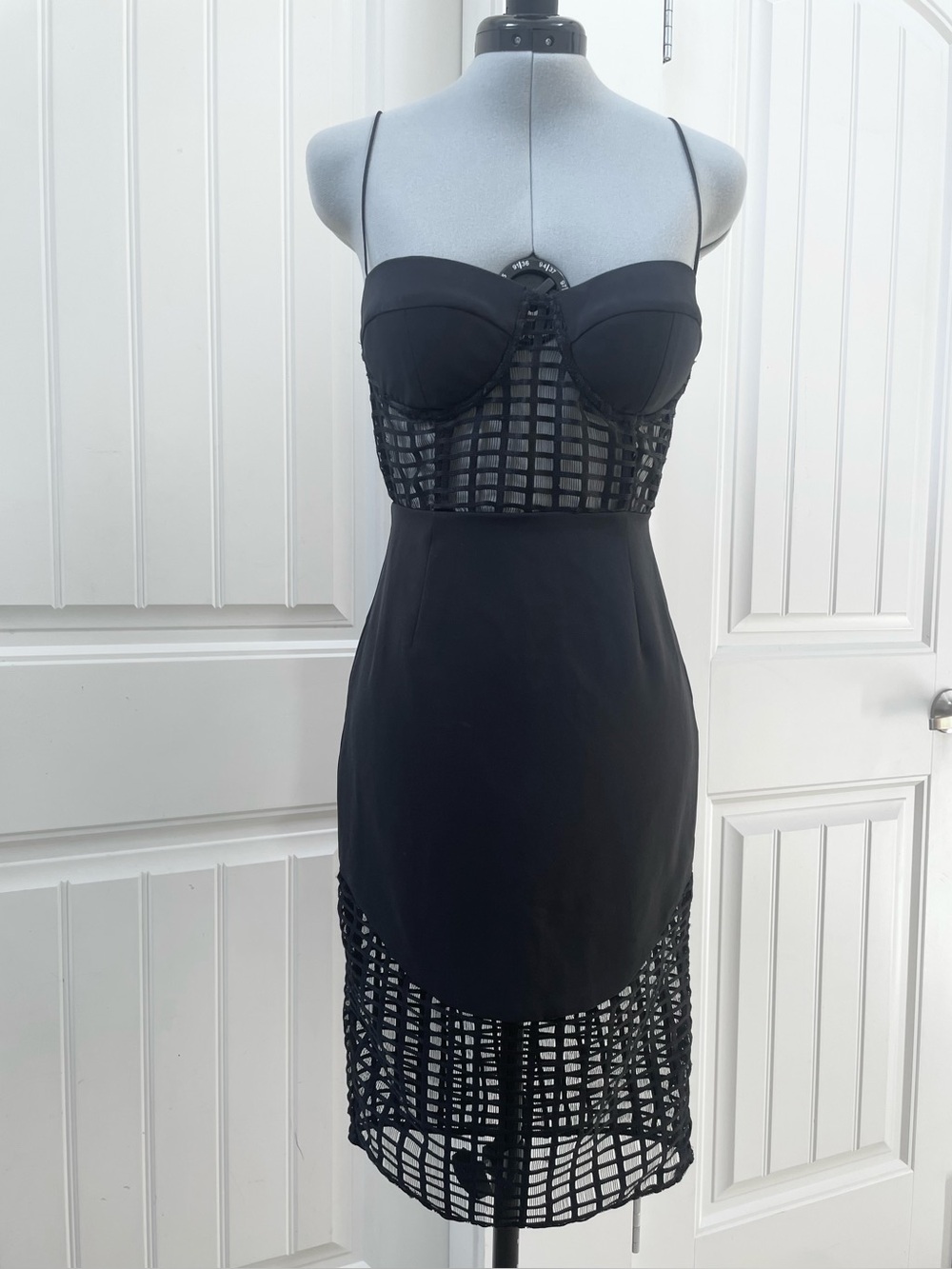 NBD Black Spaghetti-Strap Midi Dress with Grid Mesh
